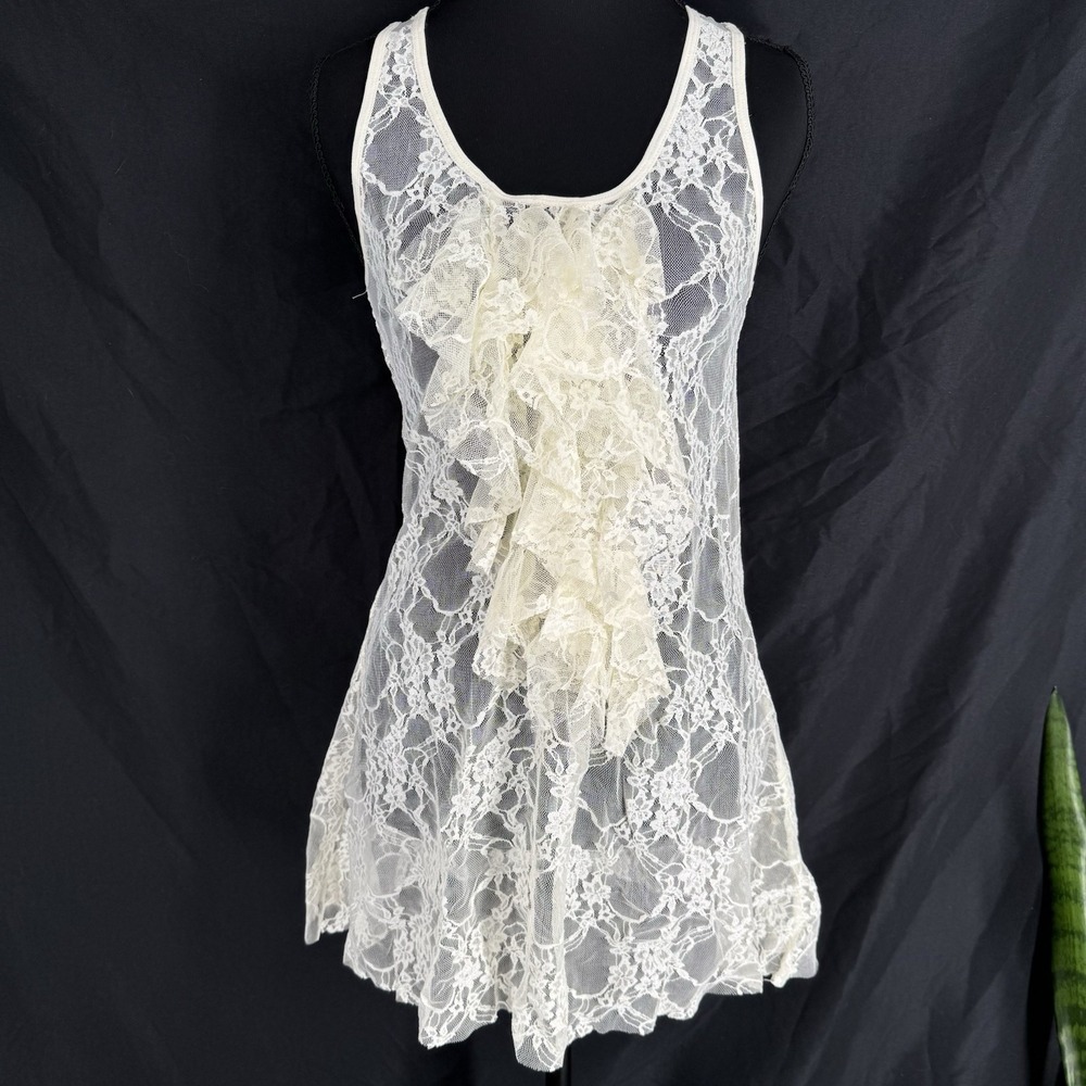 Sheer Lace Fairy Tunic Dress M Whimsy Romantic Goth Vamp Etherial Cream Ruffle